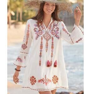 Tolani Embroidered Tunic Dress Womens Large White PInk Tassels Boho Cottage